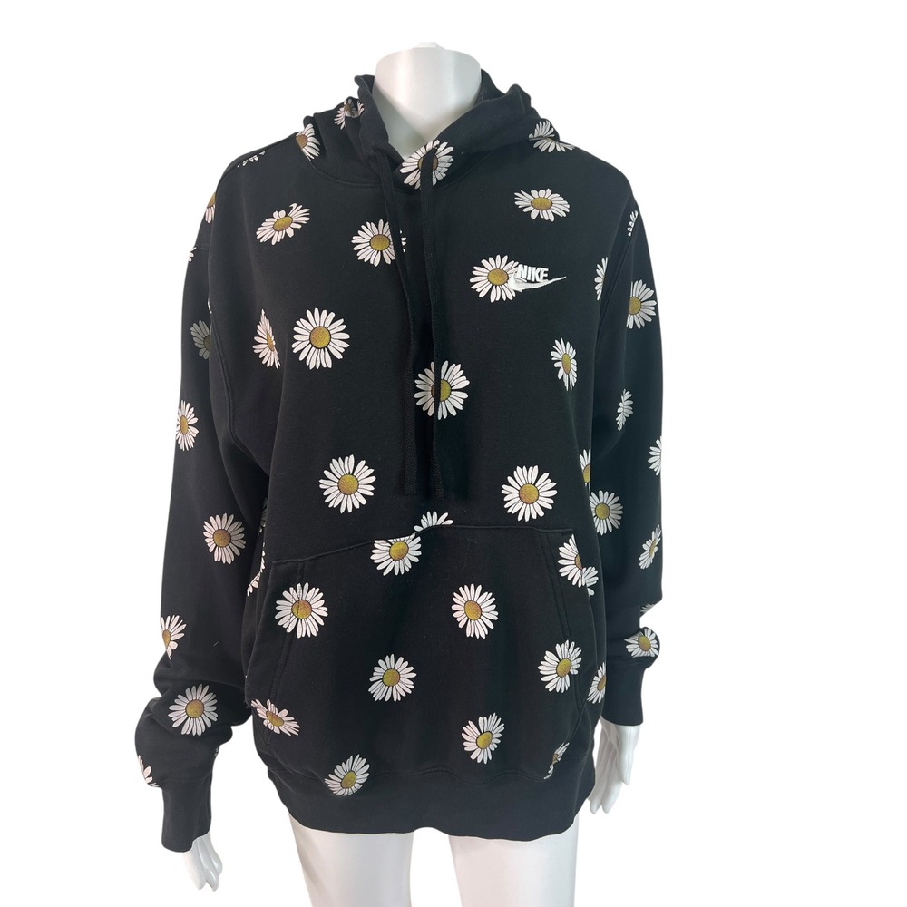 Nike Sportswear Mens Black Daisy Print Floral Fleece Hoodie Streetwear Size M